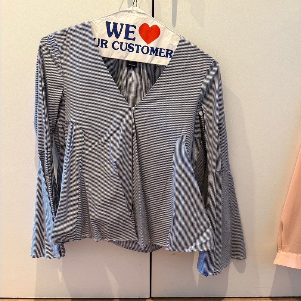 Aqua Blue and White V-Neck Blouse with Bell Sleeves